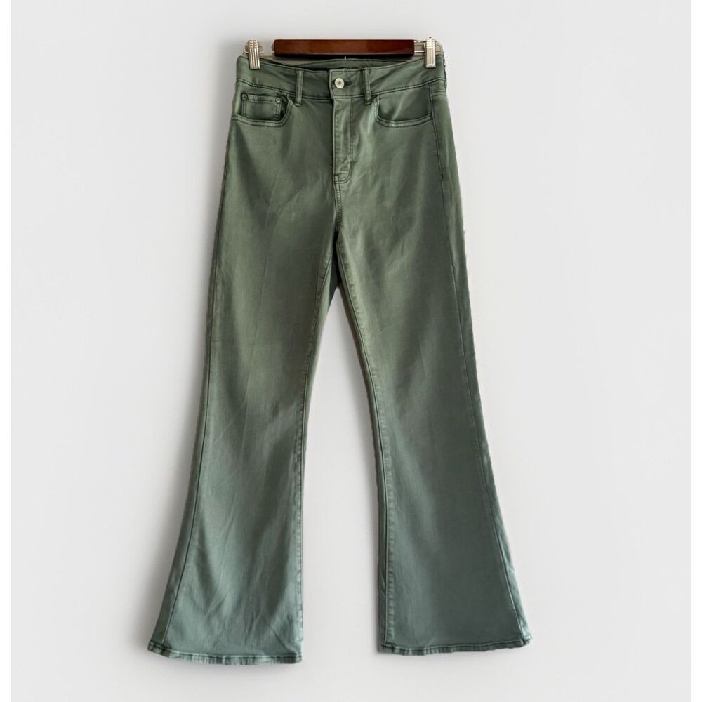 American Eagle Super Hi Rise Flare Jeans Olive Green Stretch Soft Denim 2 Short